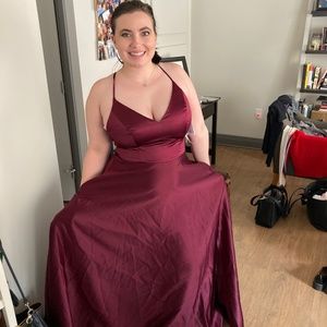 David’s Bridal DB Studio Satin A-Line Long Bridesmaid Dress (Wine, Size 12)